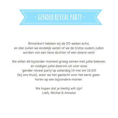 Gender reveal party uitnodiging met roze en blauwe muisjes 3