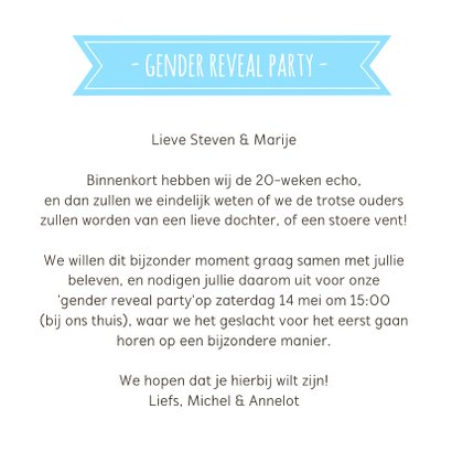 Gender reveal party uitnodiging met roze en blauwe muisjes 3