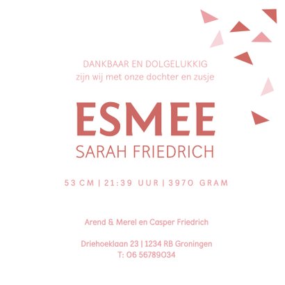 Geometrisch geboortekaartje roze driehoeken hip en modern 3