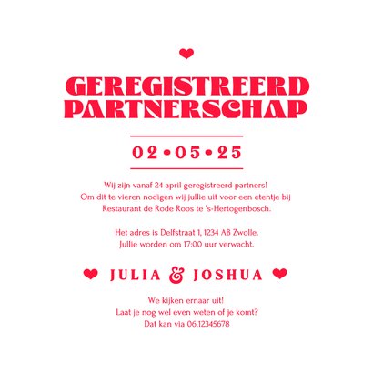 Geregistreerd partnerschap hip modern uitnodigingskaart roze 3