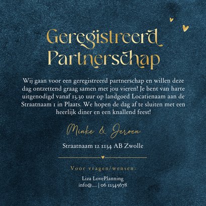 Geregistreerd partnerschap stijlvol goud hartjes blauw  3