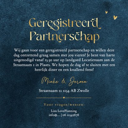 Geregistreerd partnerschap stijlvol goud hartjes blauw 3