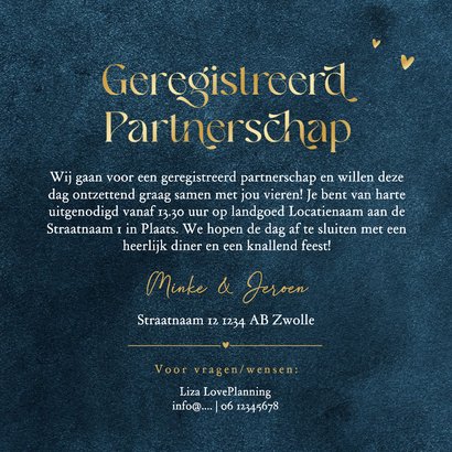 Geregistreerd partnerschap stijlvol goud hartjes blauw  3