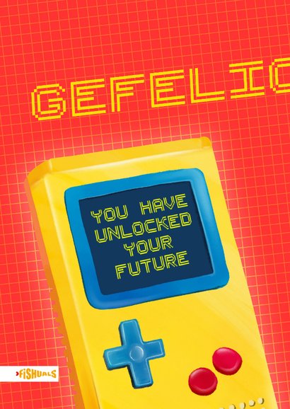 Geslaagd-kaart met gele gameboy en foto 2