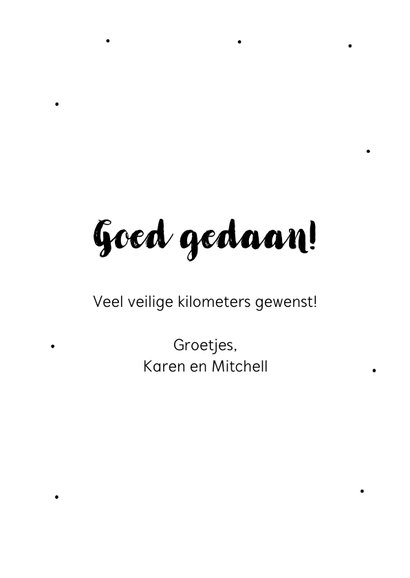 Geslaagd kaart voor rijbewijs met gele kever en ballonnen 3