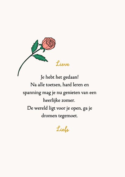 Geslaagdkaart geïllustreerd meisje met roos en boeken 3