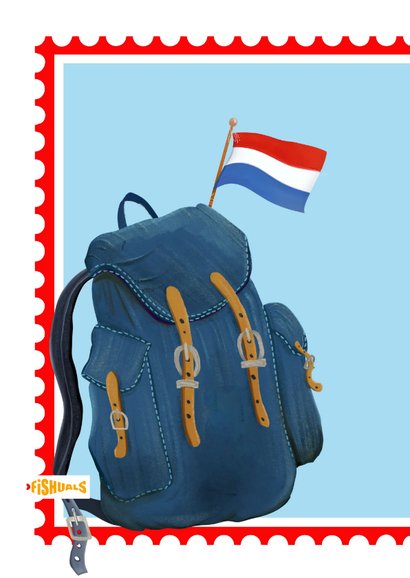 Geslaagdkaart in postzegel met een vlag en een rugzak 2