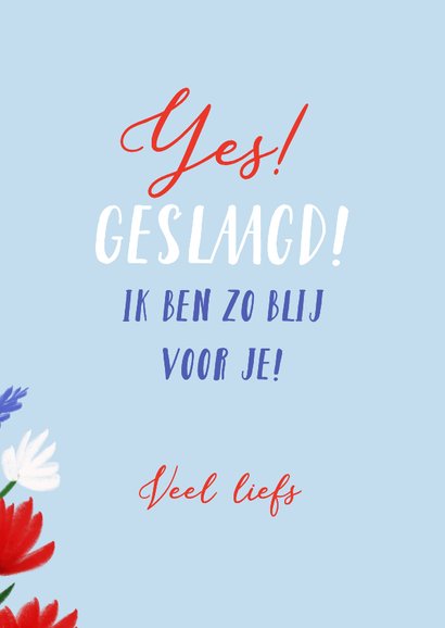 Geslaagdkaart met naamkaartje en boeket in rood-wit-blauw 3