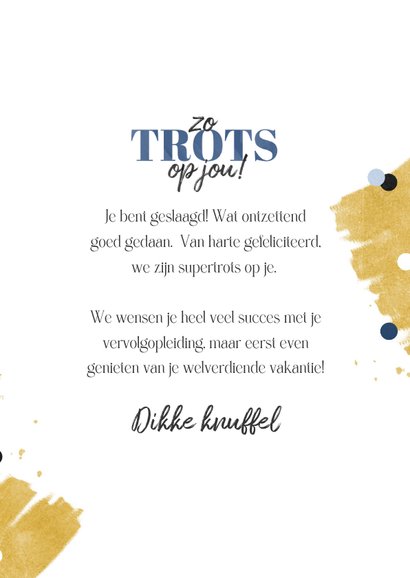 Geslaagdkaartje blauw goud confetti zo trots op jou 3