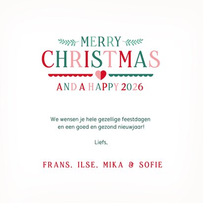 Gezellige kerstkaart met allerlei kerstdecoratie in hartvorm 3