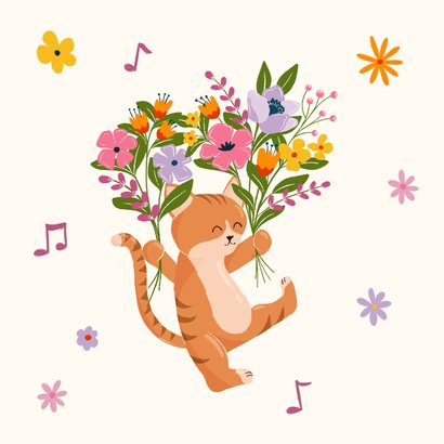 Gezellige verjaardagskaart met dansende kat met bloemen 2