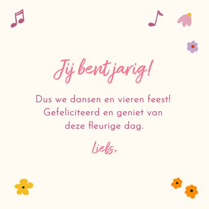 Gezellige verjaardagskaart met dansende kat met bloemen 3