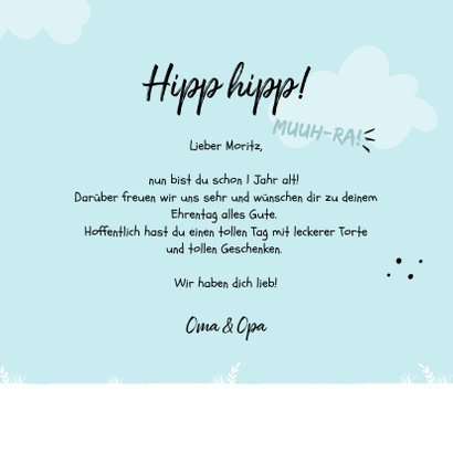 Glückwunschkarte Kindergeburtstag freundliche Kuh blau 3