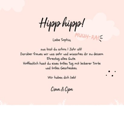 Glückwunschkarte Kindergeburtstag freundliche Kuh rosa 3
