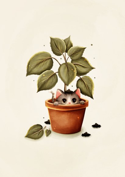 Grappig felicitatiekaartje nieuw stekkie kat in plant  2
