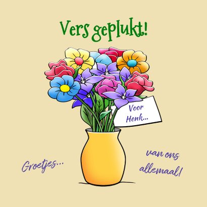 Grappig opkikkertje met bos vers geplukte bloemen 3