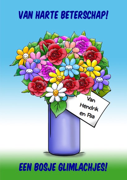 Grappige beterschapskaart kikker met bossen bloemen 3