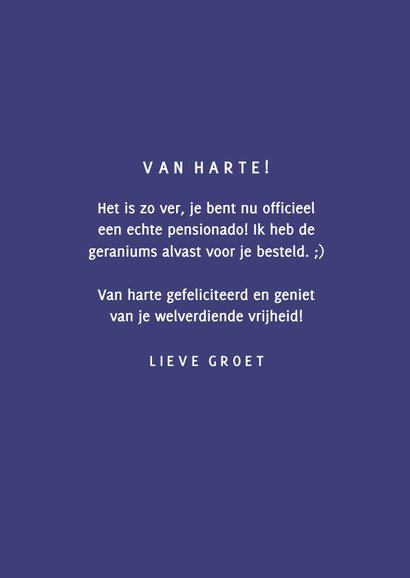 Grappige felicitatiekaart voor pensioen over geraniums 3