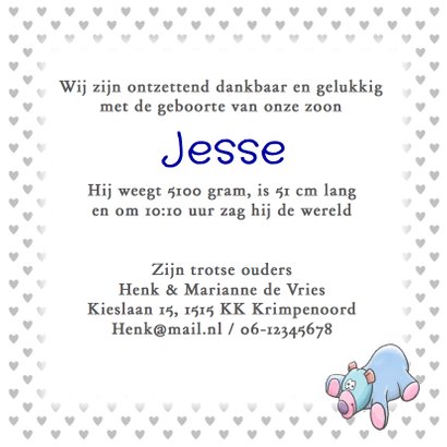 Grappige geboortekaart Hoera jongen en knuffels 3