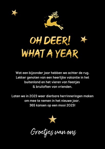 Grappige goudlook kerstkaart oh deer what a year 3