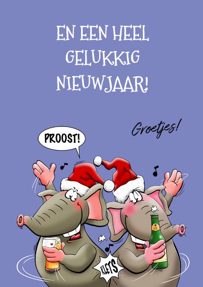 Grappige kerstkaart met 2 leuke olifanten, die proosten 3