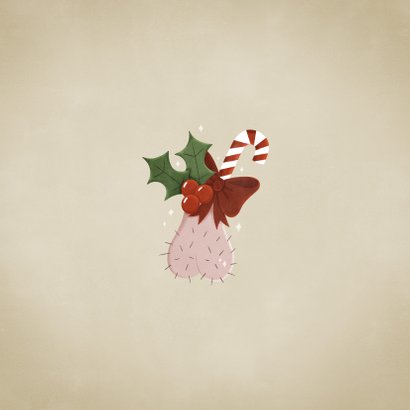 Grappige kerstkaart met ballen hulst zuurstok & strikje Achterkant