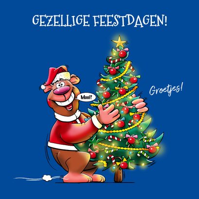 Grappige kerstkaart met beer en muisje versierde boom 3