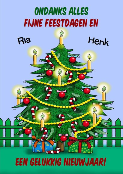 Grappige kerstkaart met een opkikker en kerstboom 3