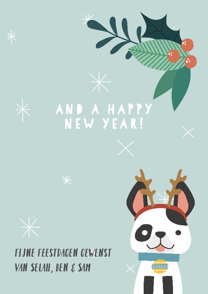 Grappige kerstkaart met illustratie van hondje en takjes 3