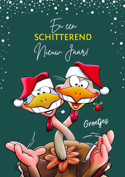 Grappige kerstkaart met kalkoenen die een leuke kerst vieren 3