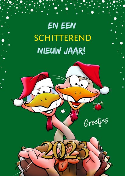 Grappige kerstkaart met kalkoenen die een leuke kerst vieren 3