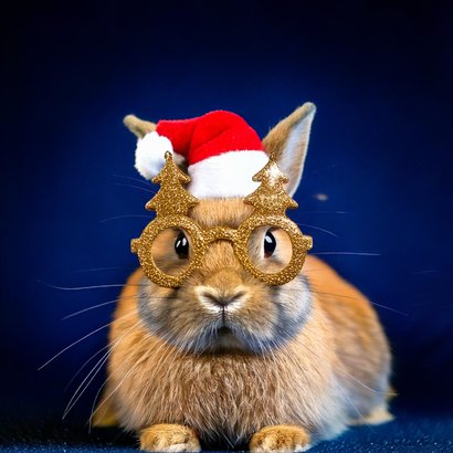 Grappige kerstkaartjes konijn met kerstmuts en bril 2