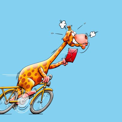 Grappige late verjaardagskaart met een giraf op fiets 2