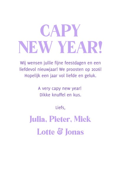 Grappige nieuwjaarskaart capibara lila capy new year 3