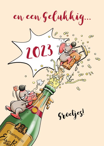 Grappige nieuwjaarskaart met leuke muizen en fles champagne 3