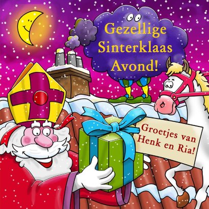 Grappige Sinterklaaskaart met Sint en Piet op het dak 3