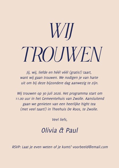 Grappige typografische trouwkaart liefde en heel veel taart  3