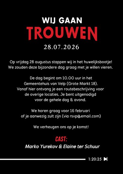 Grappige uitnodiging huwelijk in film streaming stijl 3