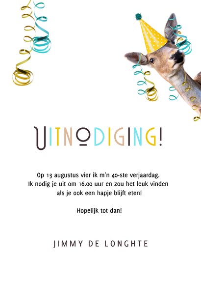 Grappige uitnodiging inhaalfeestje met versierd hert 3