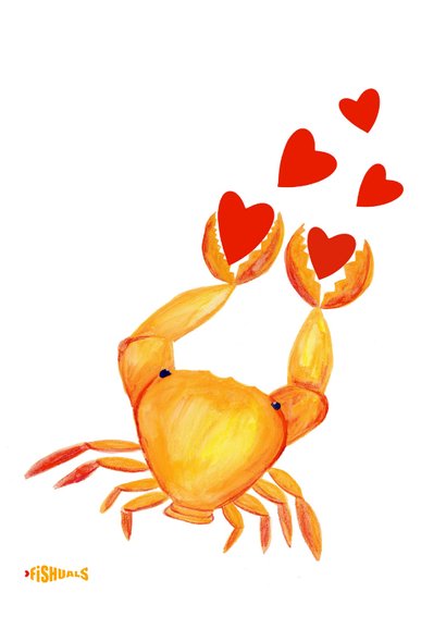 Grappige Valentijnskaart met crab en hartjes 2