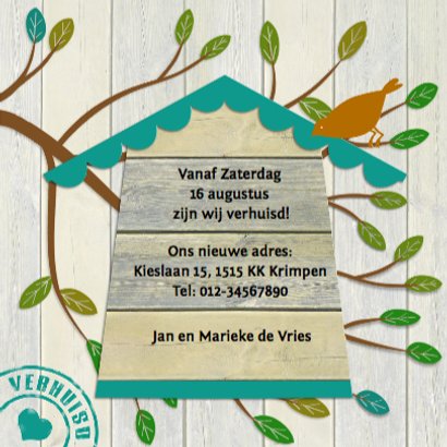 Grappige verhuiskaart met vogelhuisje op houtprint 3