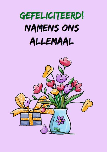 Grappige verjaardagkaart dansende vrouw met pakje en bloemen 3