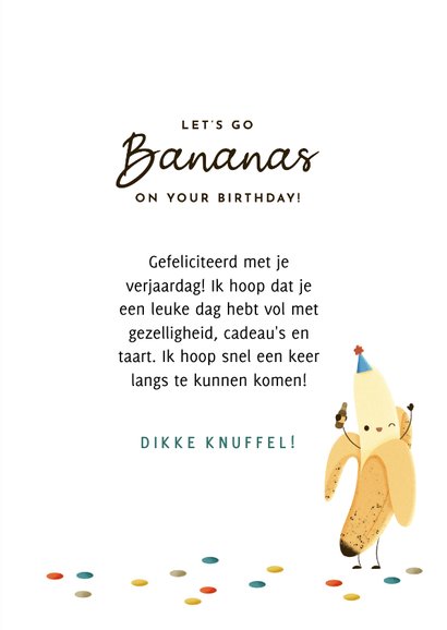 Grappige verjaardagskaart bananen, ballon en confetti 3