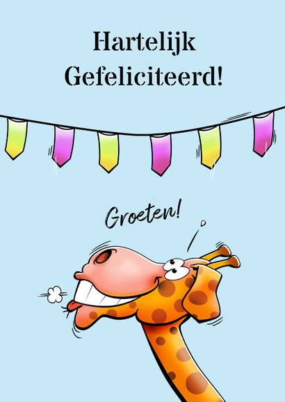 Grappige verjaardagskaart fietsende giraf en vlaggetjes 3