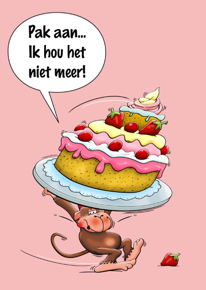 Grappige verjaardagskaart met aapje en een hele grote taart 3
