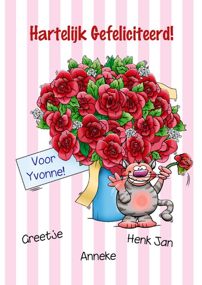 Grappige verjaardagskaart met juichende poezen en bos rozen 3