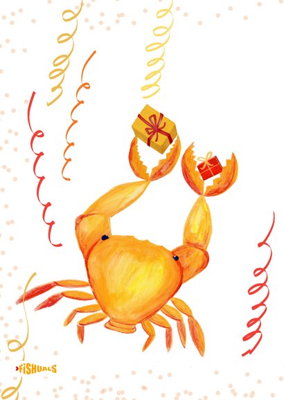 Grappige verjaardagskaart met krab met cadeautjes 2