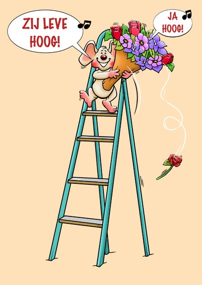 Grappige verjaardagskaart met muis en bos bloemen 3