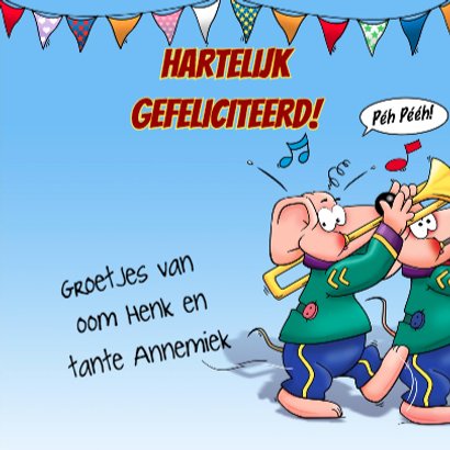 Grappige verjaardagskaart met muizen in een blaasband 3