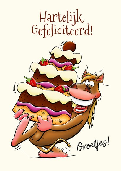 Grappige verjaardagskaart met paard en grote taart 3